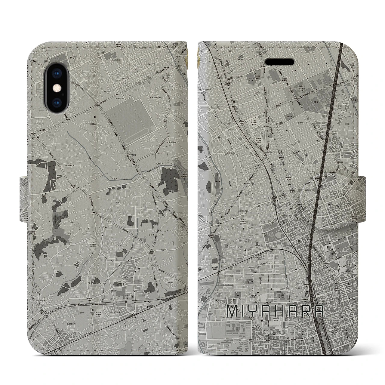 【宮原(埼玉県)】地図柄iPhoneケース(手帳タイプ)モノトーン・iPhone XS / X 用