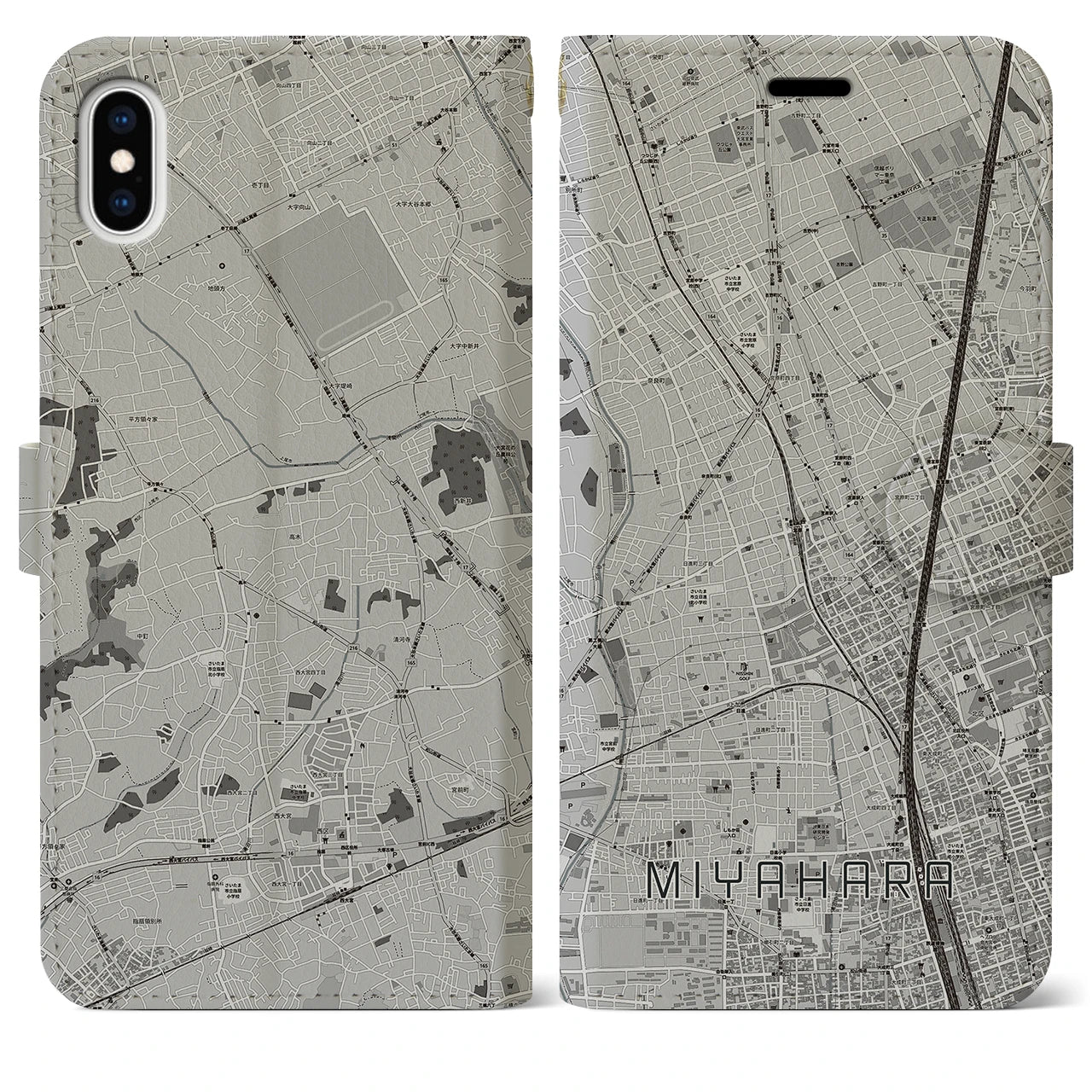 【宮原(埼玉県)】地図柄iPhoneケース(手帳タイプ)モノトーン・iPhone XS Max 用