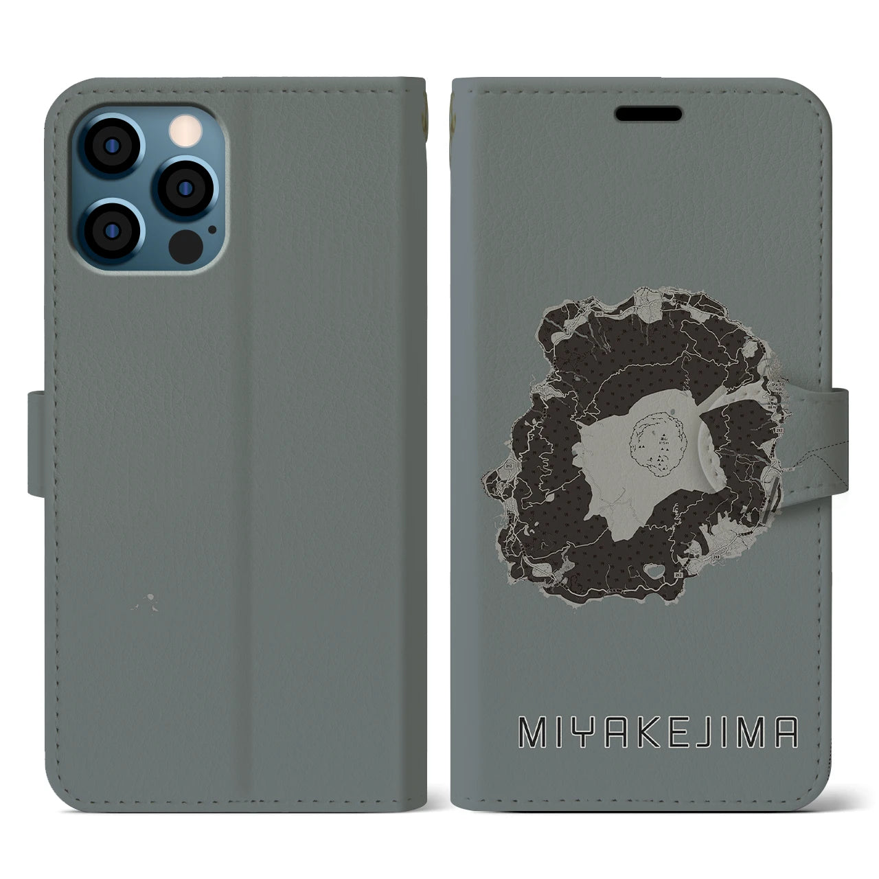 【三宅島(東京都)】地図柄iPhoneケース(手帳タイプ)モノトーン・iPhone 12 / 12 Pro 用