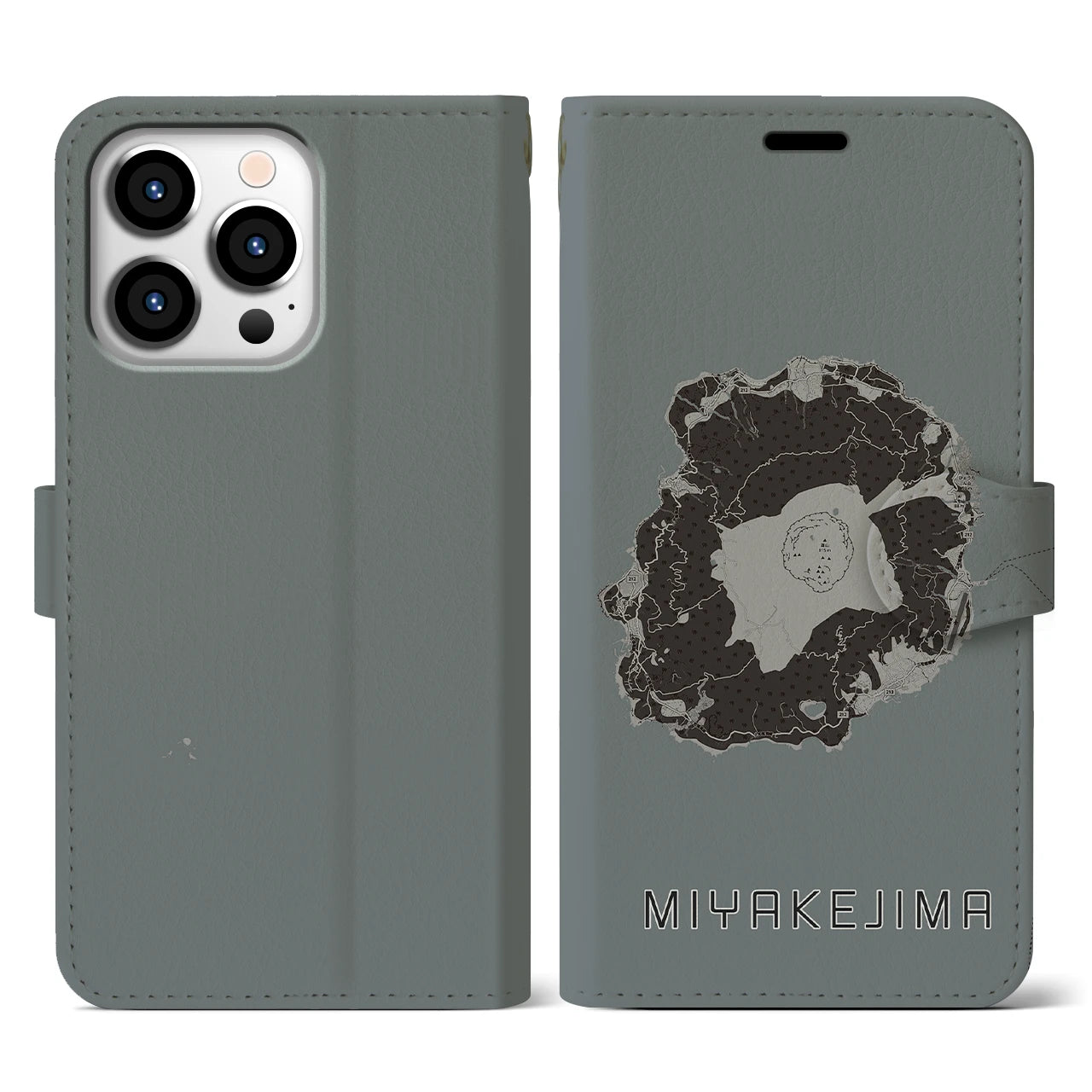 【三宅島(東京都)】地図柄iPhoneケース(手帳タイプ)モノトーン・iPhone 13 Pro 用