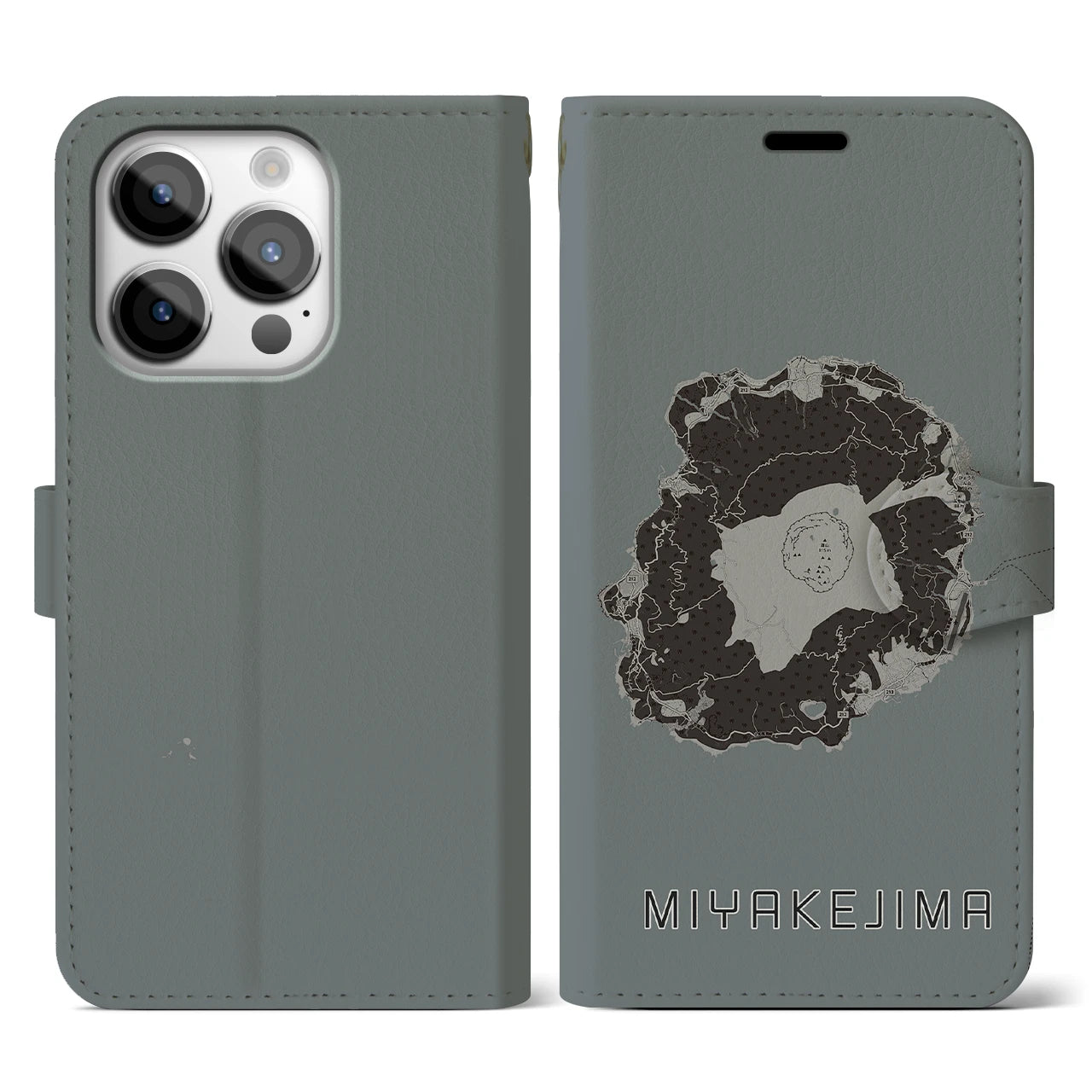 【三宅島(東京都)】地図柄iPhoneケース(手帳タイプ)モノトーン・iPhone 14 Pro 用