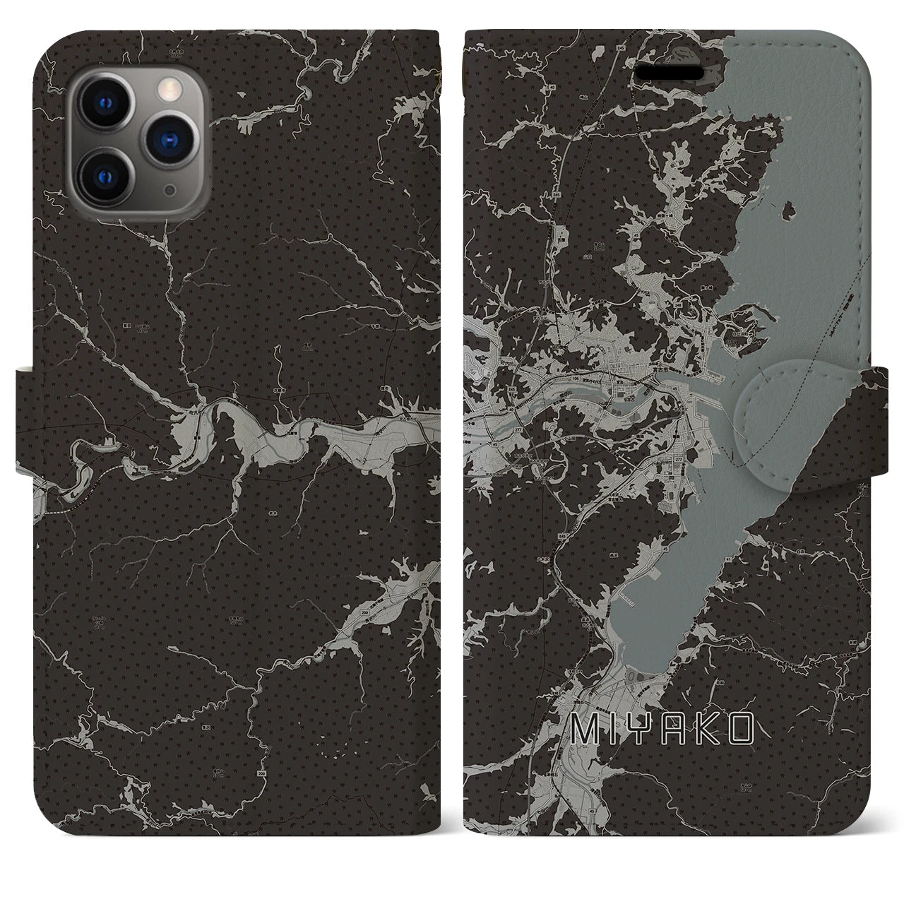 【宮古(岩手県)】地図柄iPhoneケース(手帳タイプ)モノトーン・iPhone 11 Pro Max 用