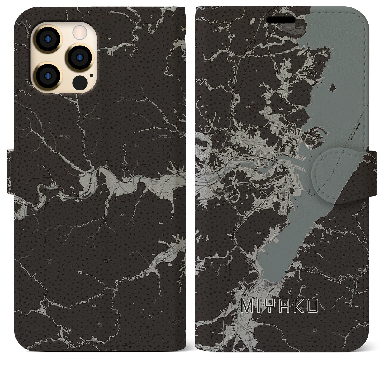 【宮古(岩手県)】地図柄iPhoneケース(手帳タイプ)モノトーン・iPhone 12 Pro Max 用