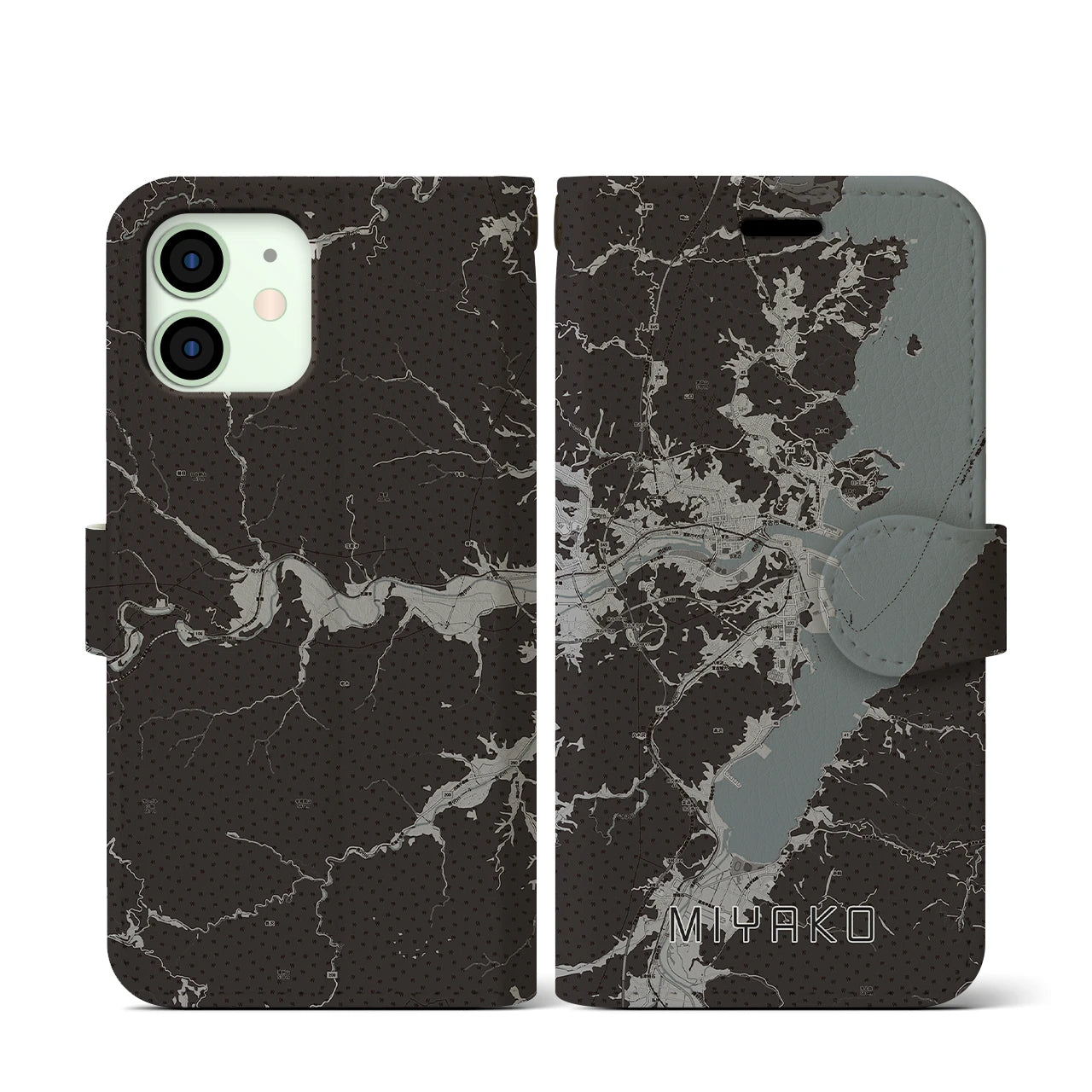 【宮古(岩手県)】地図柄iPhoneケース(手帳タイプ)モノトーン・iPhone 12 mini 用
