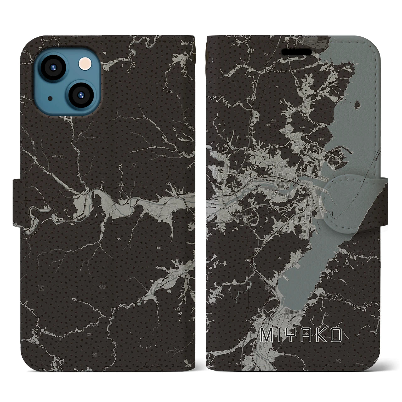 【宮古(岩手県)】地図柄iPhoneケース(手帳タイプ)モノトーン・iPhone 13 用