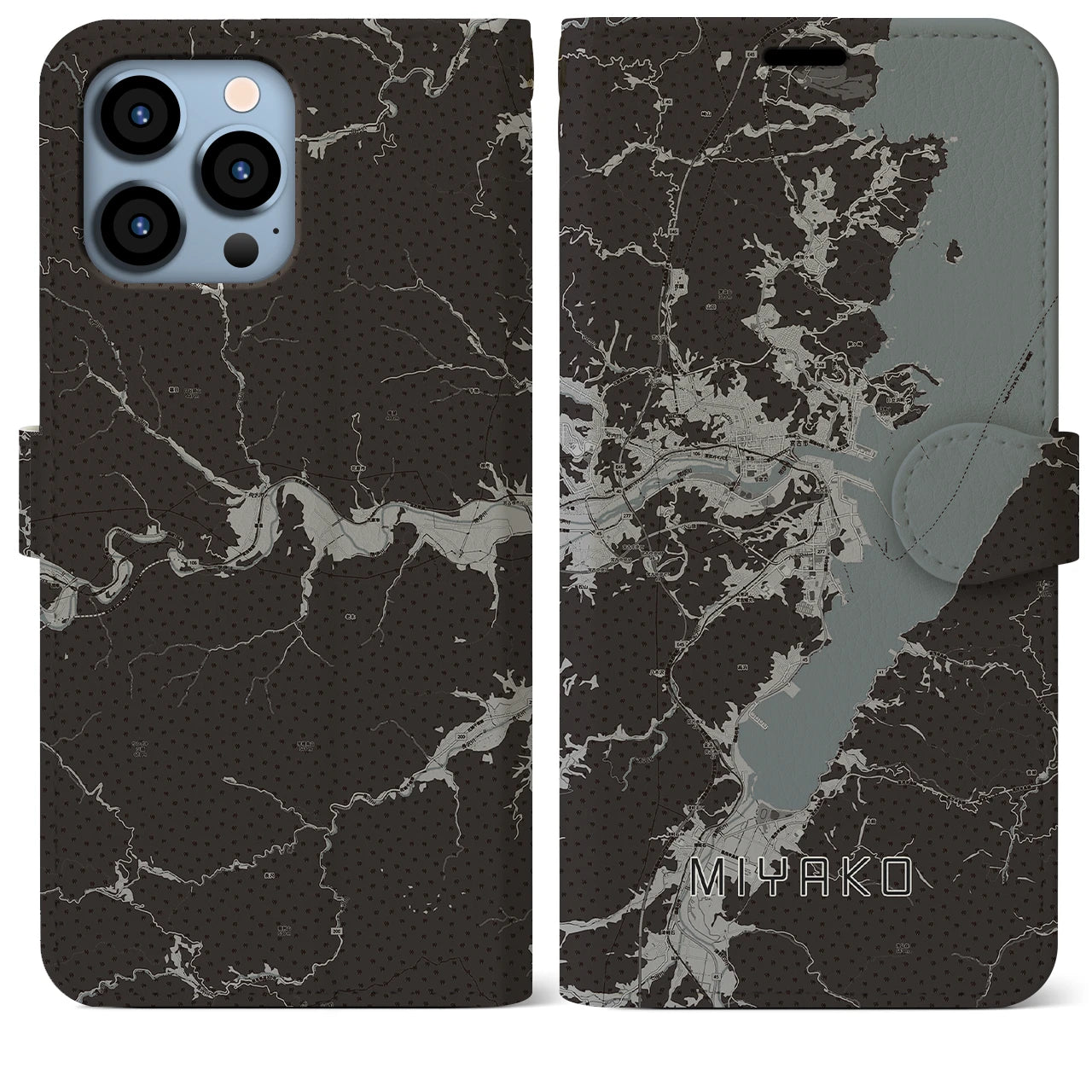 【宮古(岩手県)】地図柄iPhoneケース(手帳タイプ)モノトーン・iPhone 13 Pro Max 用