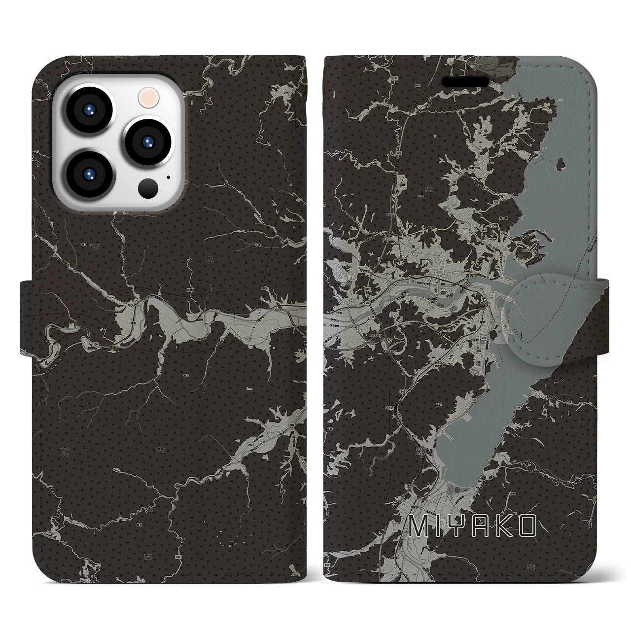 【宮古(岩手県)】地図柄iPhoneケース(手帳タイプ)モノトーン・iPhone 13 Pro 用