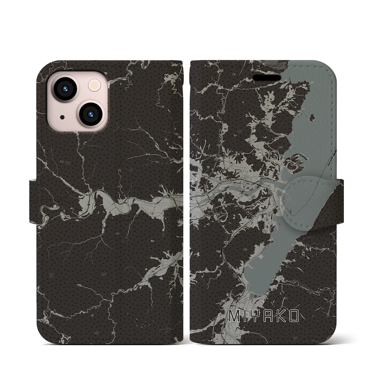 【宮古(岩手県)】地図柄iPhoneケース(手帳タイプ)モノトーン・iPhone 13 mini 用
