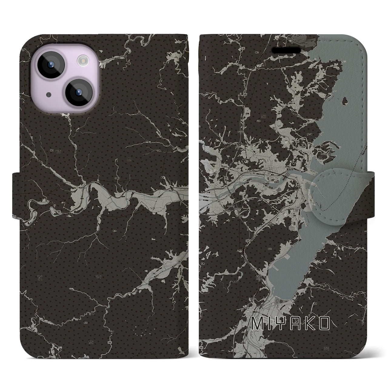 【宮古(岩手県)】地図柄iPhoneケース(手帳タイプ)モノトーン・iPhone 14 用