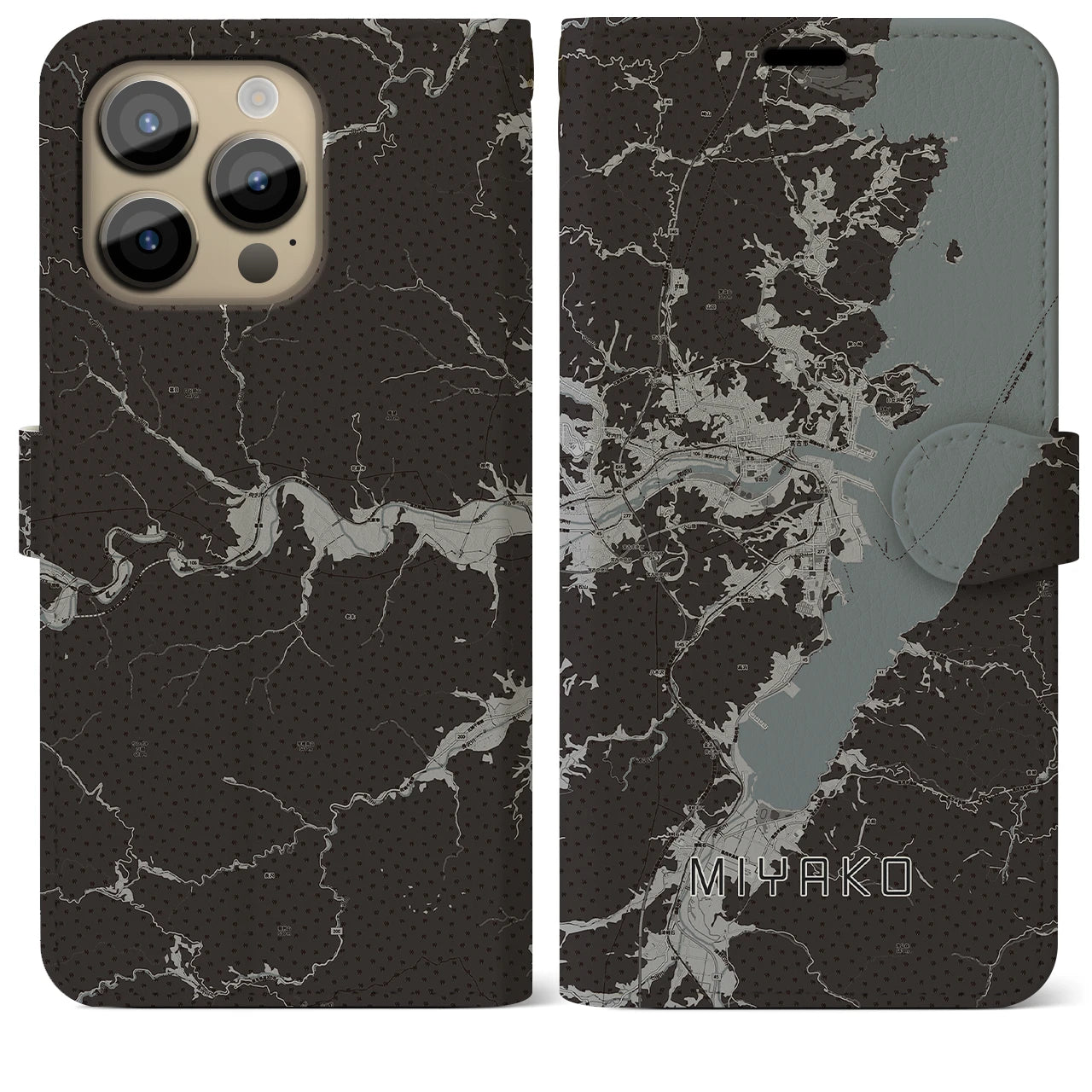 【宮古(岩手県)】地図柄iPhoneケース(手帳タイプ)モノトーン・iPhone 14 Pro Max 用