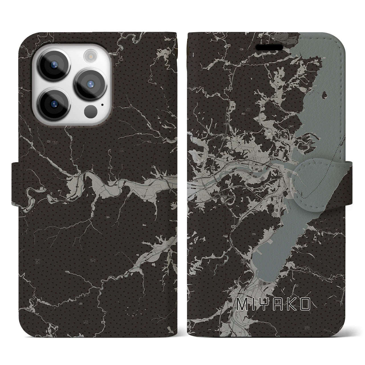 【宮古(岩手県)】地図柄iPhoneケース(手帳タイプ)モノトーン・iPhone 14 Pro 用