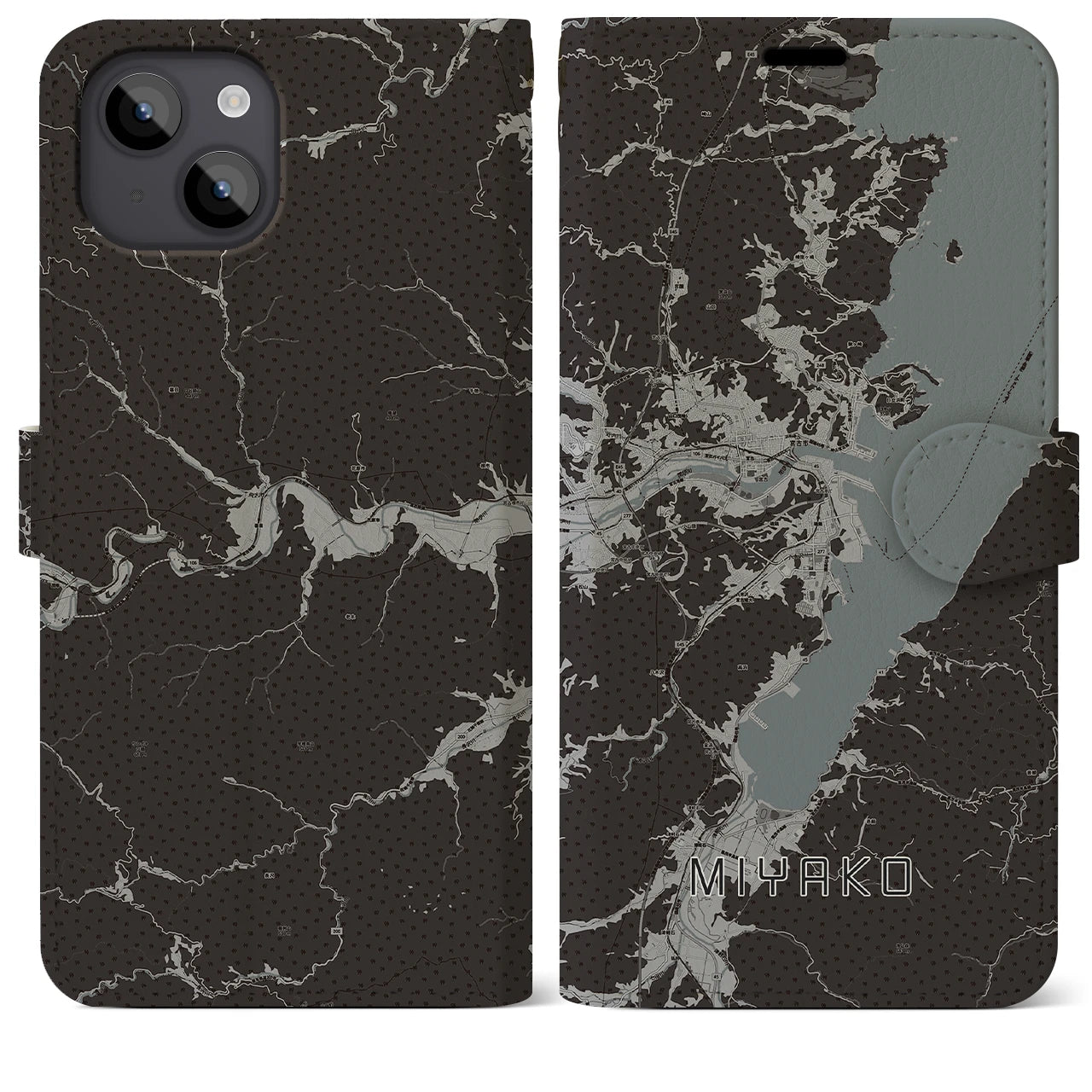 【宮古(岩手県)】地図柄iPhoneケース(手帳タイプ)モノトーン・iPhone 14 Plus 用
