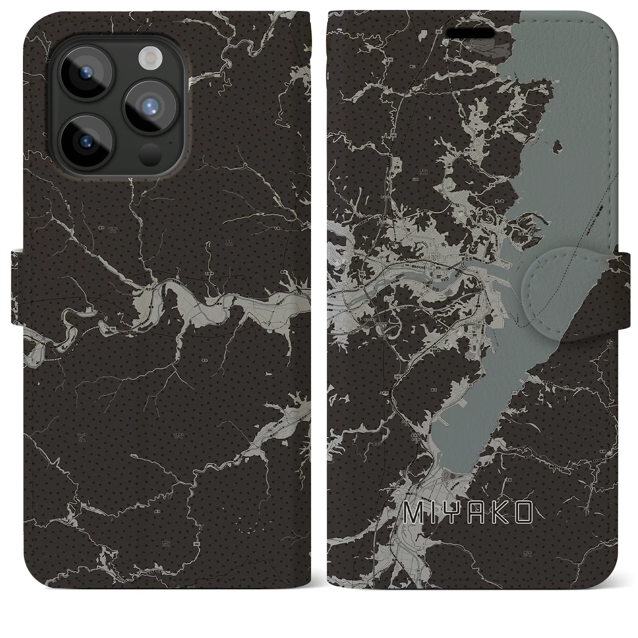 【宮古(岩手県)】地図柄iPhoneケース(手帳タイプ)モノトーン・iPhone 15 Pro Max 用