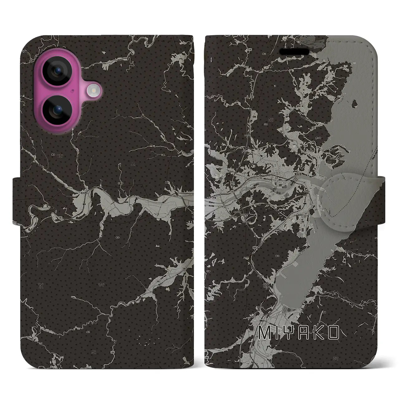 【宮古(岩手県)】地図柄iPhoneケース(手帳タイプ)モノトーン・iPhone 16 Pro 用