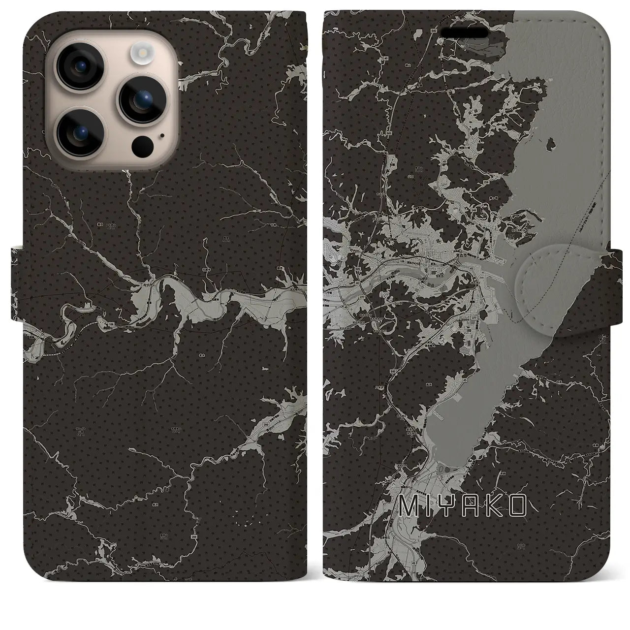 【宮古(岩手県)】地図柄iPhoneケース(手帳タイプ)モノトーン・iPhone 16 Plus 用