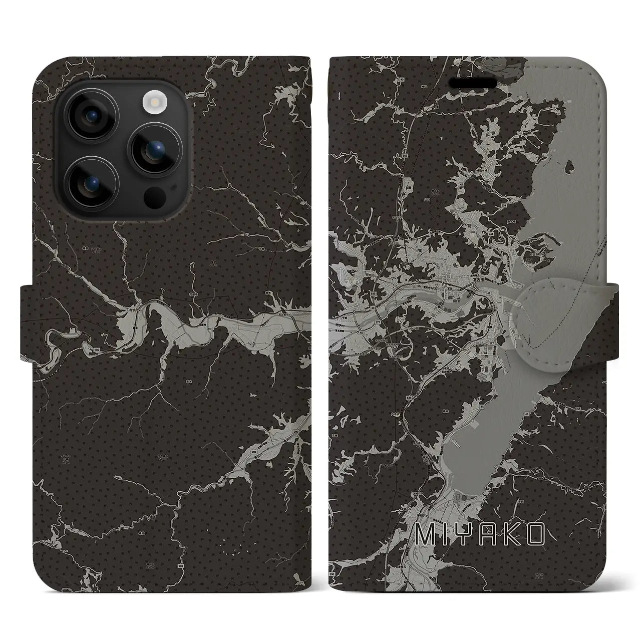 【宮古(岩手県)】地図柄iPhoneケース(手帳タイプ)モノトーン・iPhone 16 用