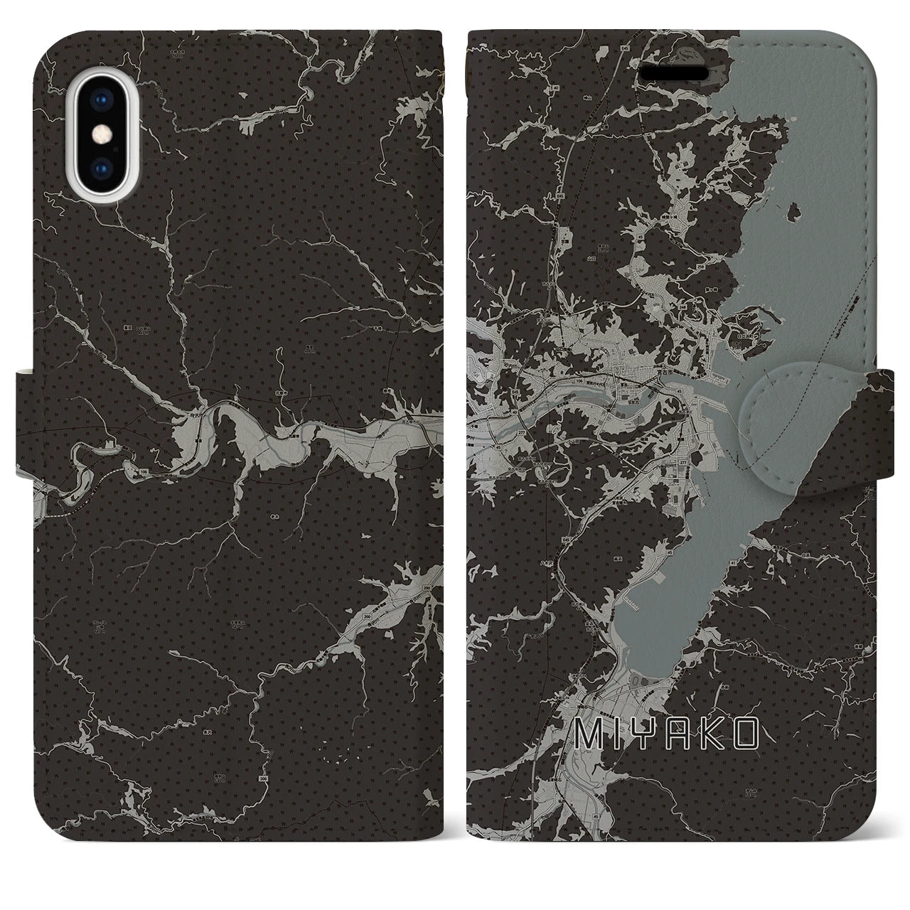 【宮古(岩手県)】地図柄iPhoneケース(手帳タイプ)モノトーン・iPhone XS Max 用