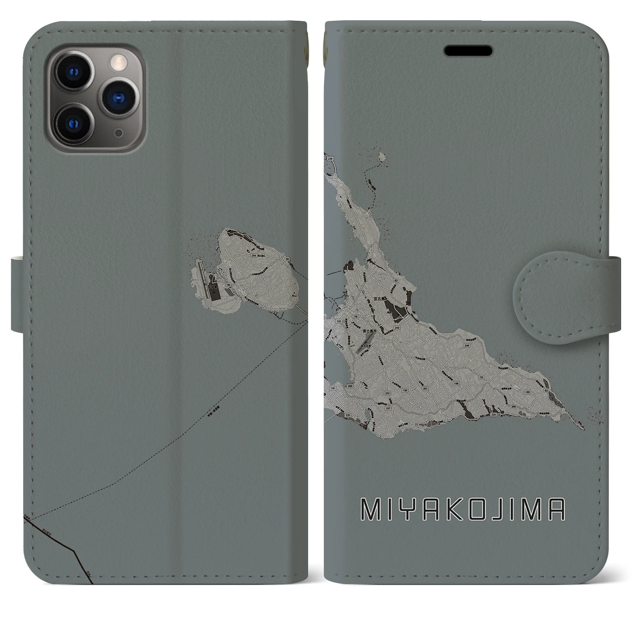 【宮古島(沖縄県)】地図柄iPhoneケース(手帳タイプ)モノトーン・iPhone 11 Pro Max 用