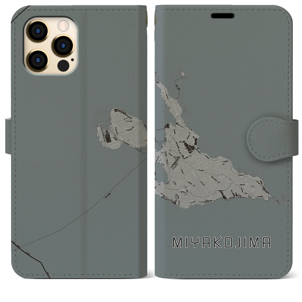 【宮古島(沖縄県)】地図柄iPhoneケース(手帳タイプ)モノトーン・iPhone 12 Pro Max 用
