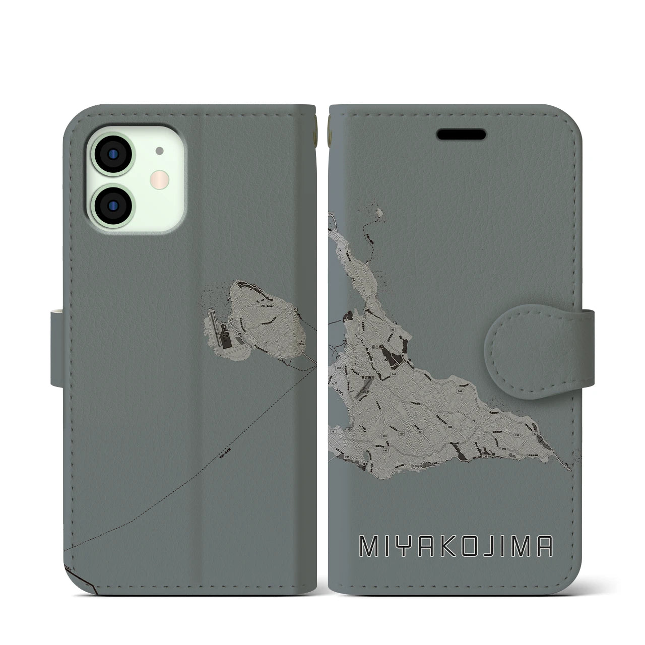 【宮古島(沖縄県)】地図柄iPhoneケース(手帳タイプ)モノトーン・iPhone 12 mini 用