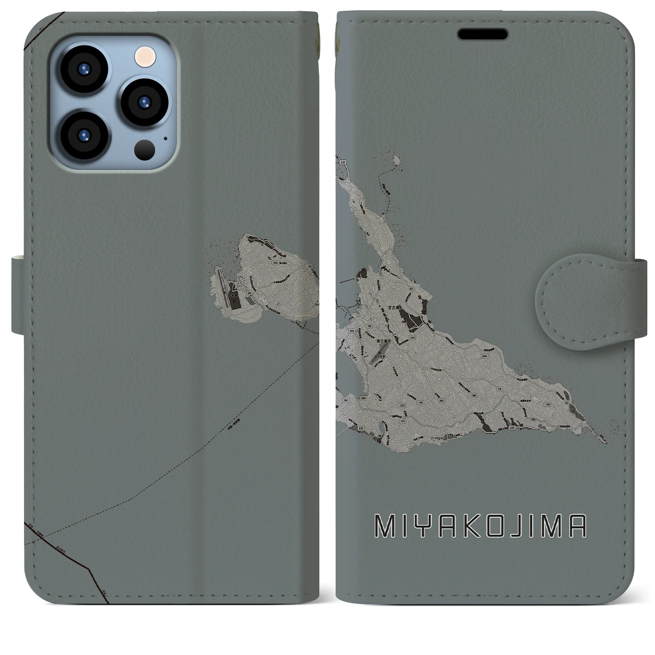 【宮古島(沖縄県)】地図柄iPhoneケース(手帳タイプ)モノトーン・iPhone 13 Pro Max 用