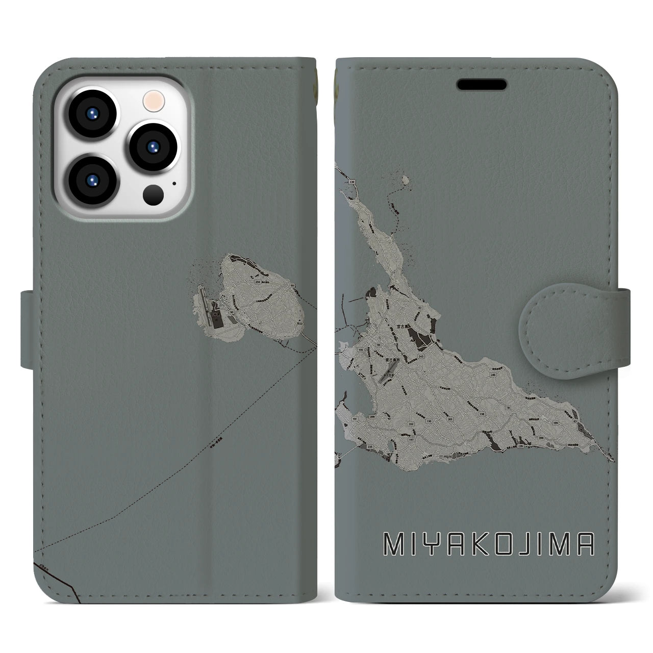 【宮古島(沖縄県)】地図柄iPhoneケース(手帳タイプ)モノトーン・iPhone 13 Pro 用