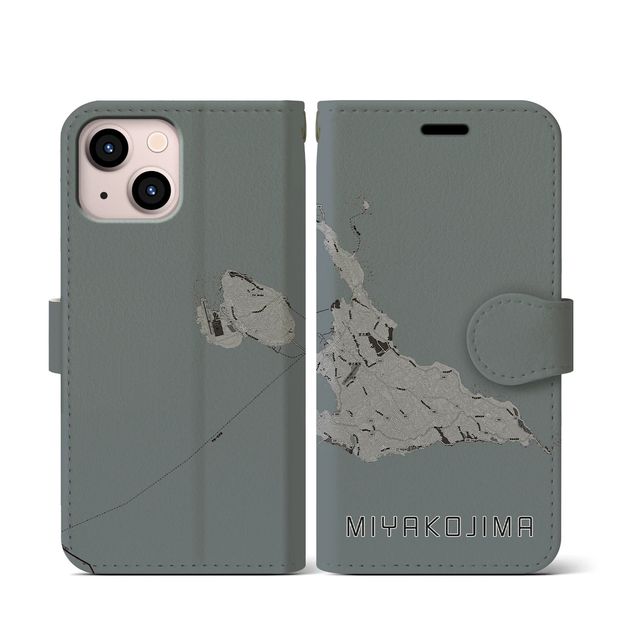 【宮古島(沖縄県)】地図柄iPhoneケース(手帳タイプ)モノトーン・iPhone 13 mini 用