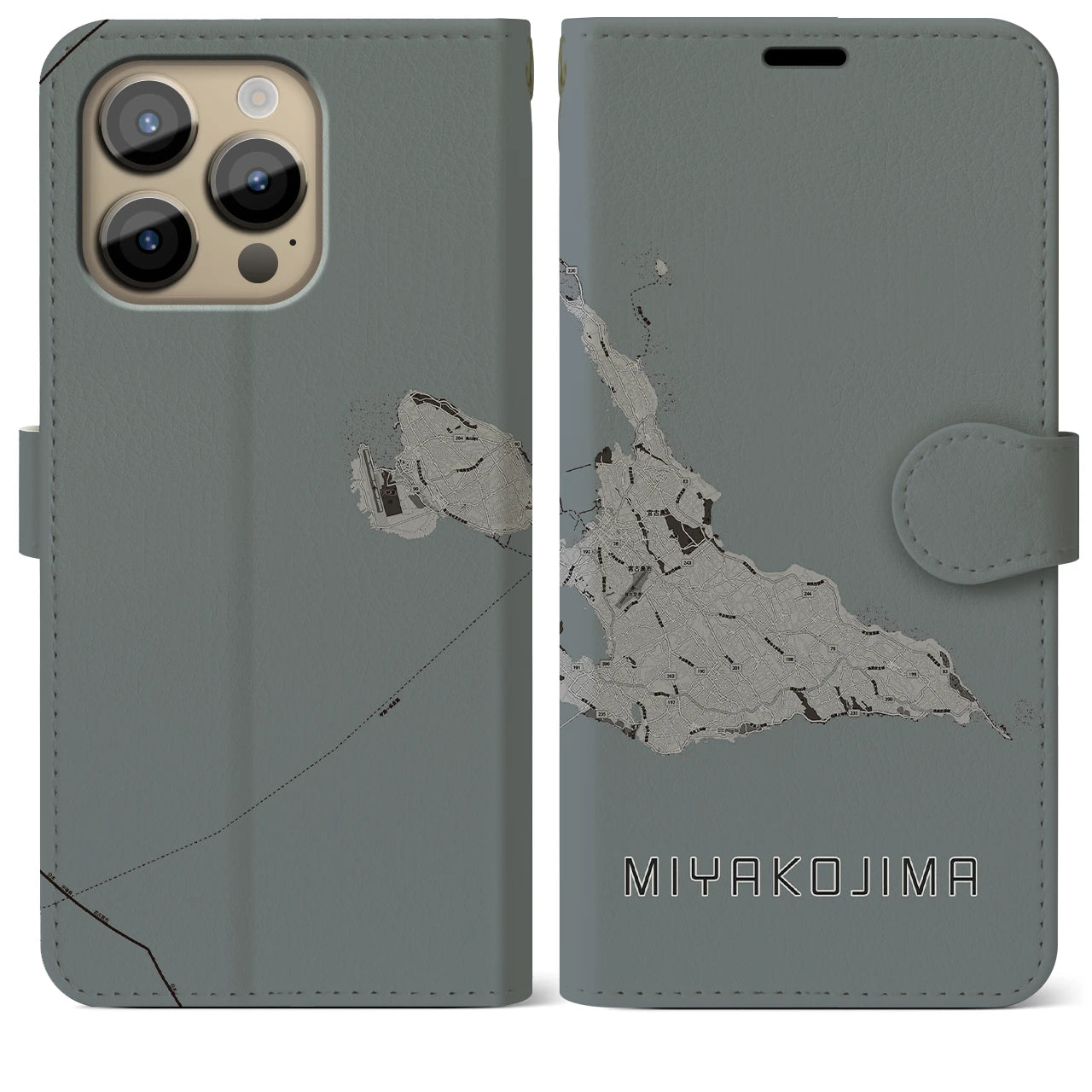 【宮古島(沖縄県)】地図柄iPhoneケース(手帳タイプ)モノトーン・iPhone 14 Pro Max 用