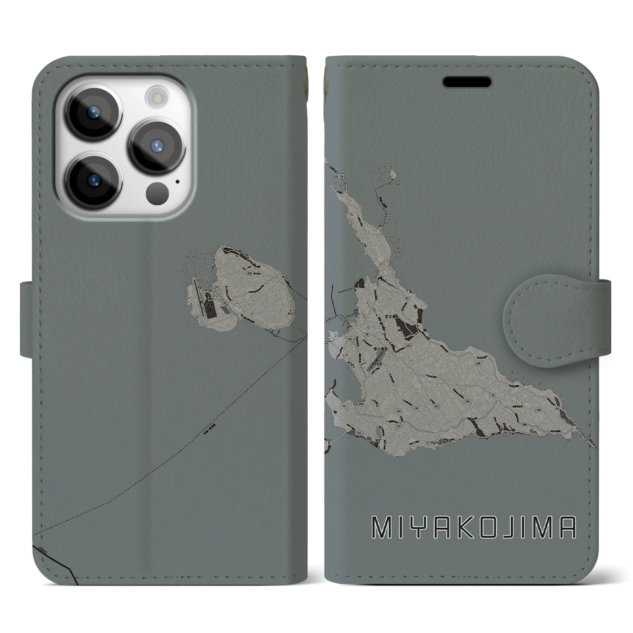 【宮古島(沖縄県)】地図柄iPhoneケース(手帳タイプ)モノトーン・iPhone 14 Pro 用
