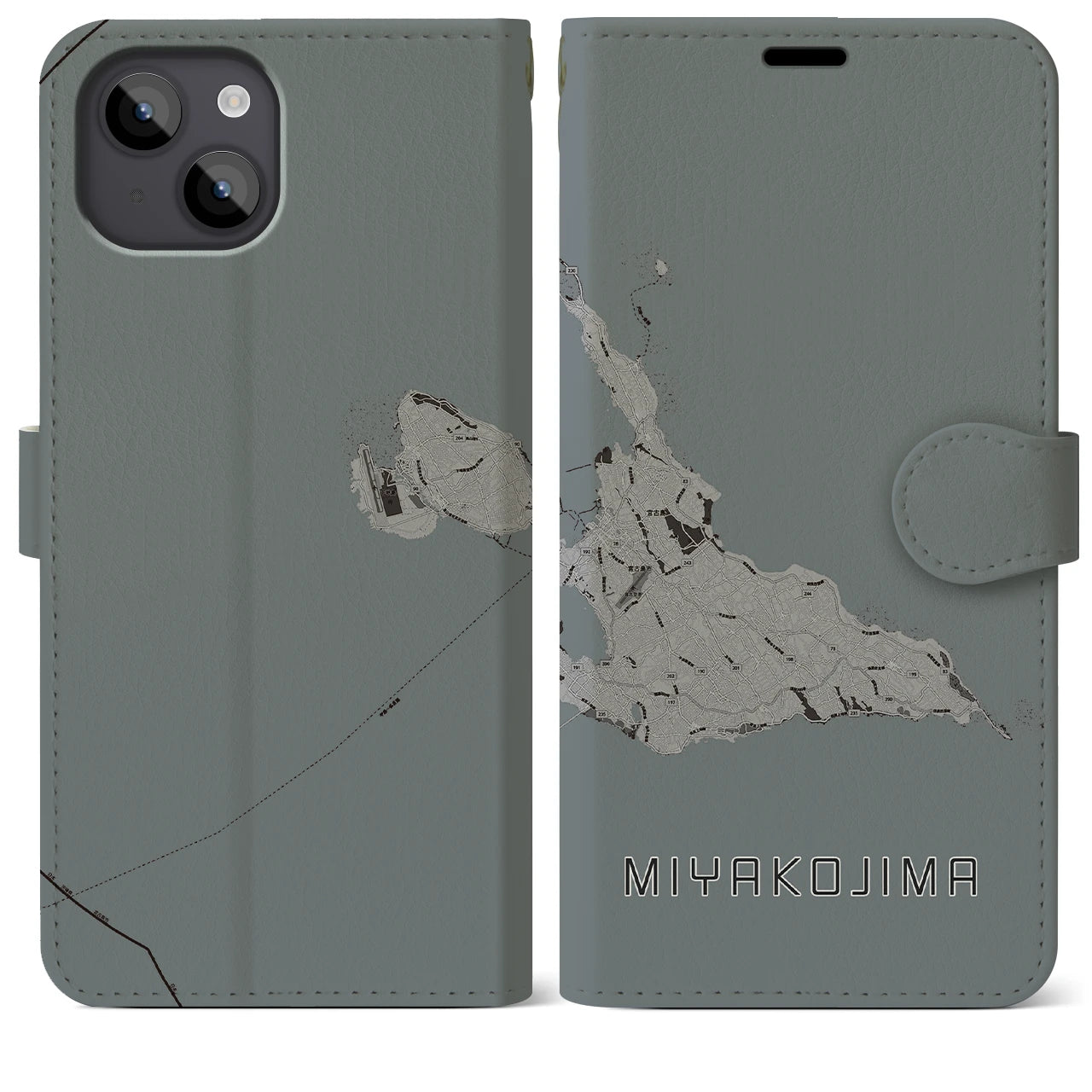 【宮古島(沖縄県)】地図柄iPhoneケース(手帳タイプ)モノトーン・iPhone 14 Plus 用