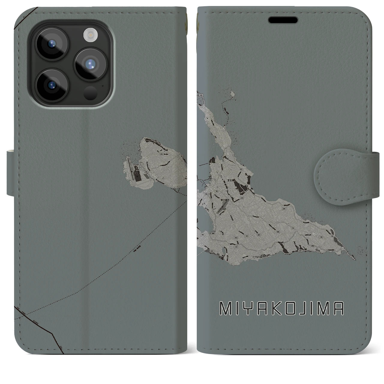 【宮古島(沖縄県)】地図柄iPhoneケース(手帳タイプ)モノトーン・iPhone 15 Pro Max 用