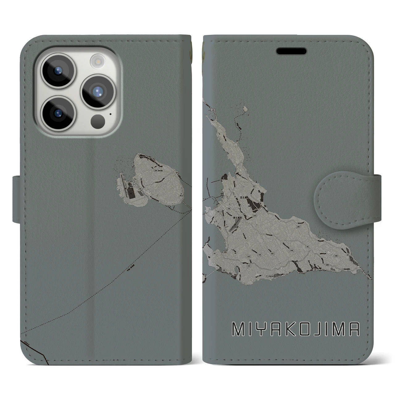 【宮古島(沖縄県)】地図柄iPhoneケース(手帳タイプ)モノトーン・iPhone 15 Pro 用
