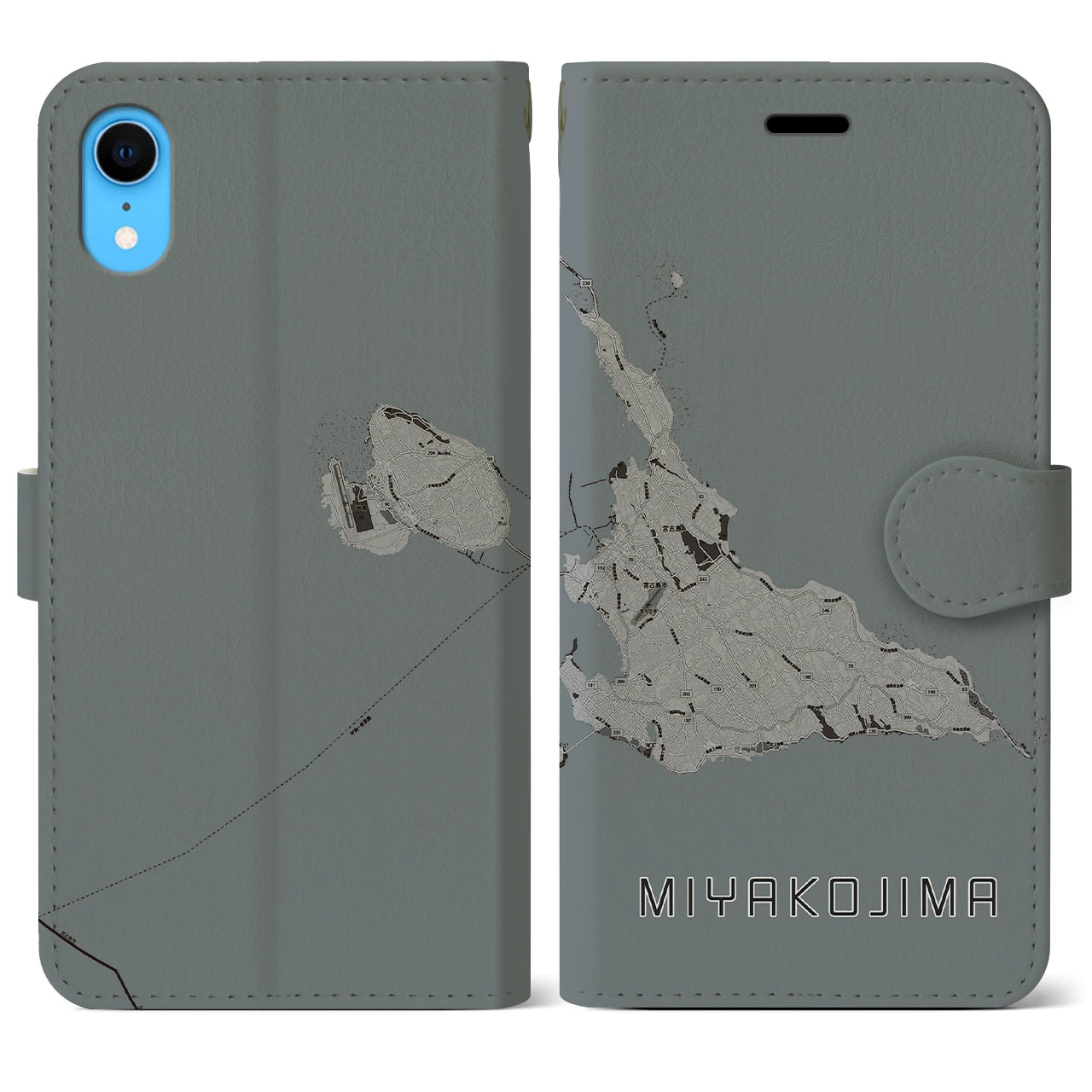 【宮古島(沖縄県)】地図柄iPhoneケース(手帳タイプ)モノトーン・iPhone XR 用
