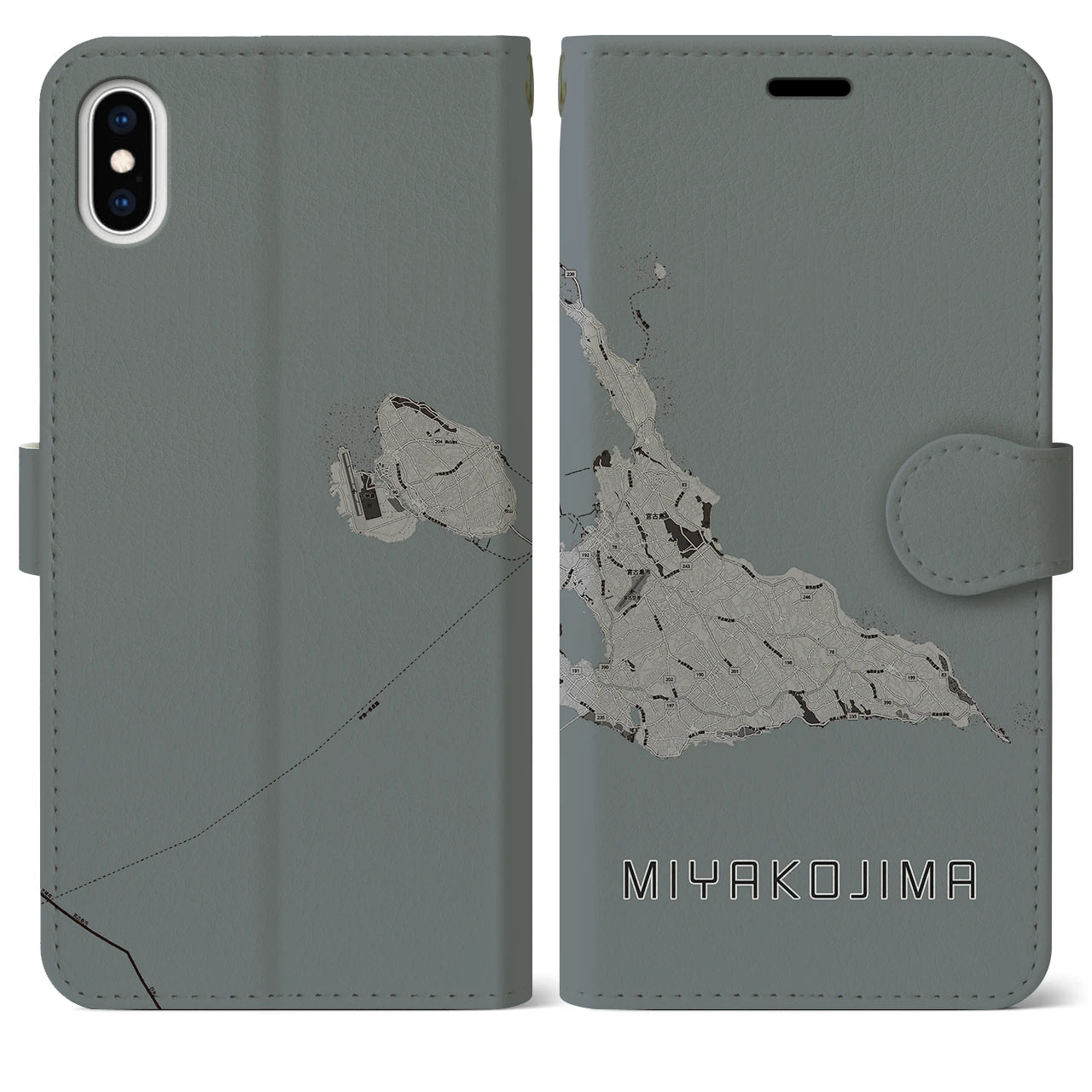 【宮古島(沖縄県)】地図柄iPhoneケース(手帳タイプ)モノトーン・iPhone XS Max 用