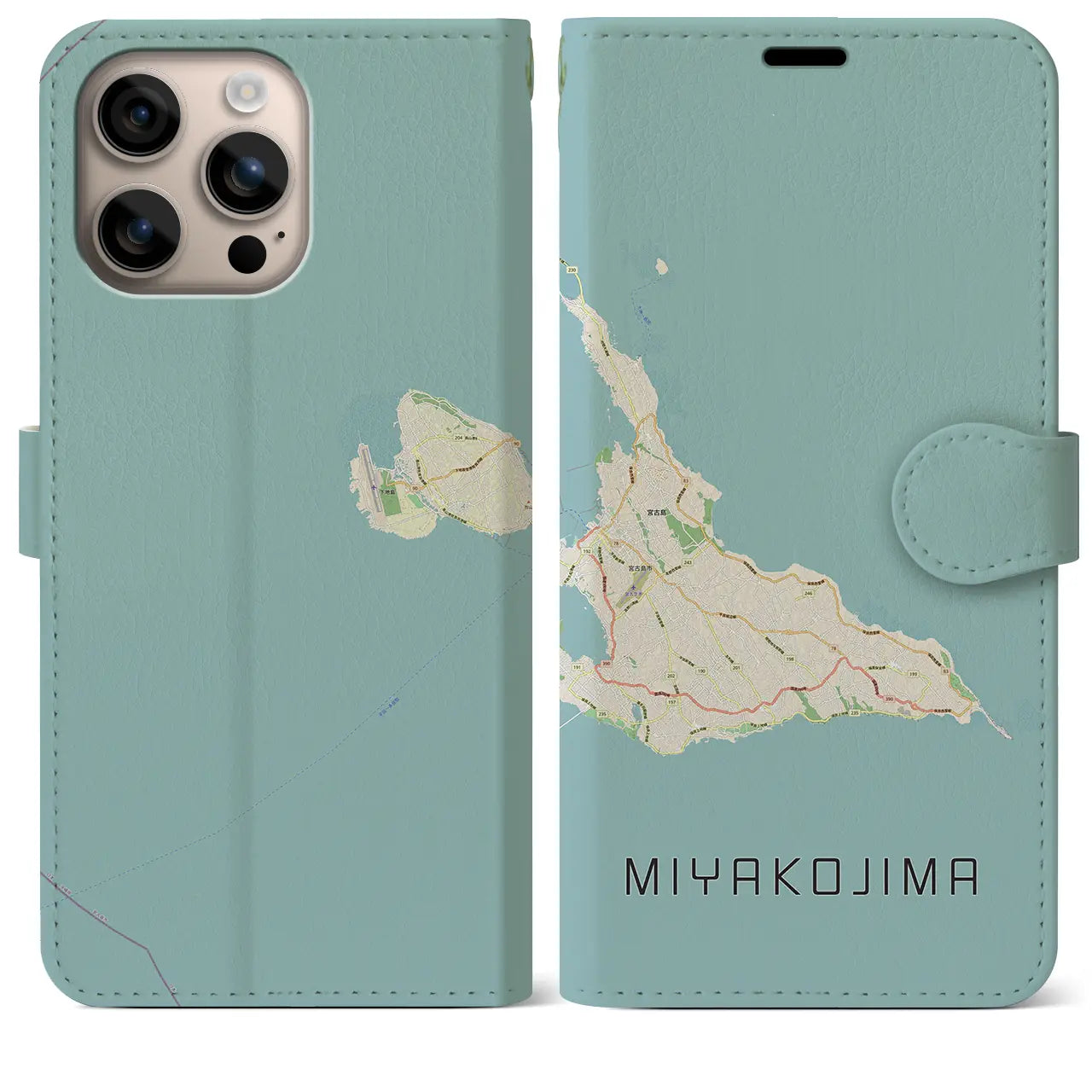 【宮古島(沖縄県)】地図柄iPhoneケース(手帳タイプ)ナチュラル・iPhone 16 Plus 用