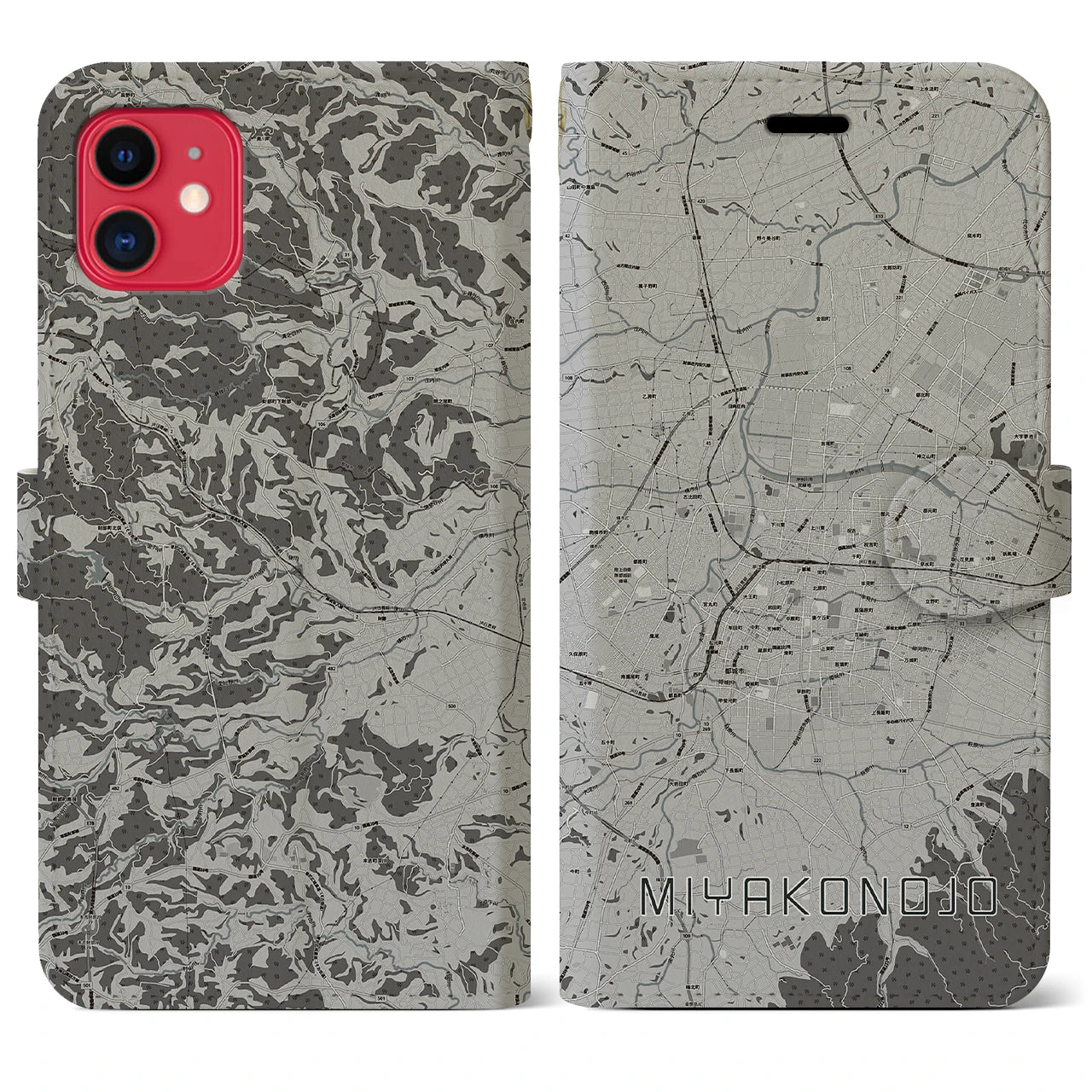【都城(宮崎県)】地図柄iPhoneケース(手帳タイプ)モノトーン・iPhone 11 用