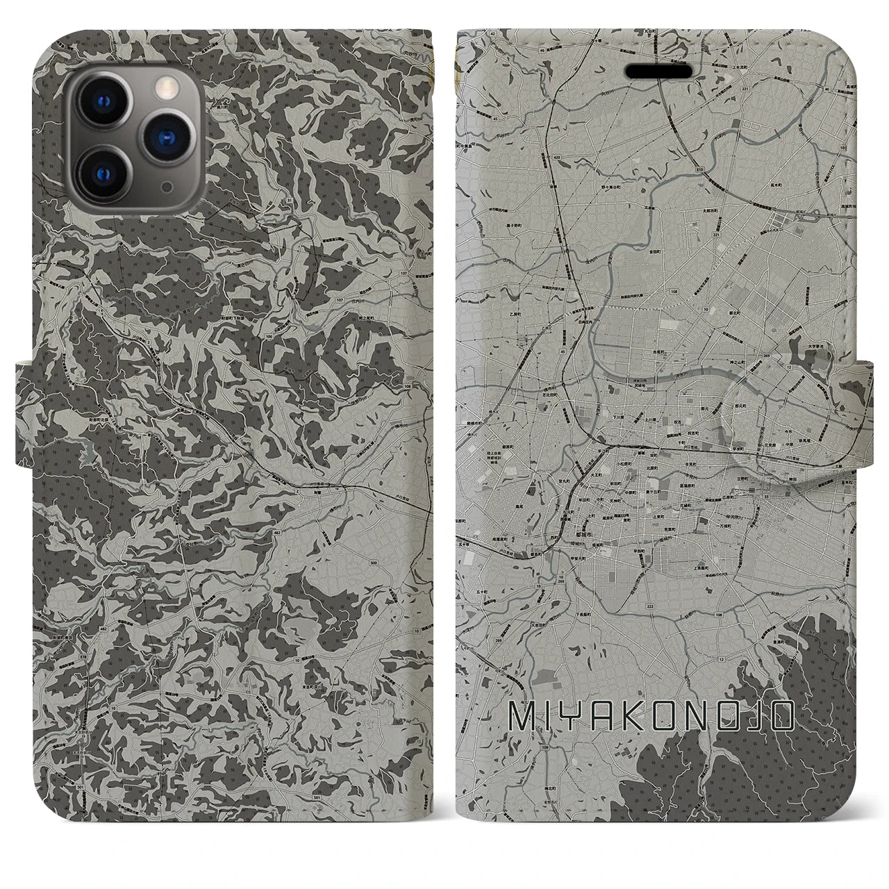 【都城(宮崎県)】地図柄iPhoneケース(手帳タイプ)モノトーン・iPhone 11 Pro Max 用