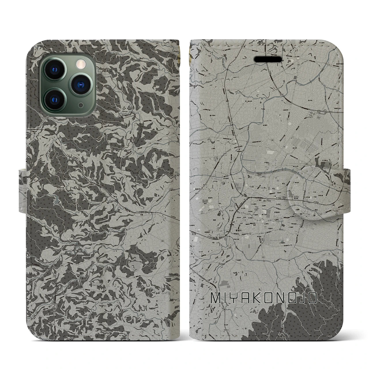 【都城(宮崎県)】地図柄iPhoneケース(手帳タイプ)モノトーン・iPhone 11 Pro 用