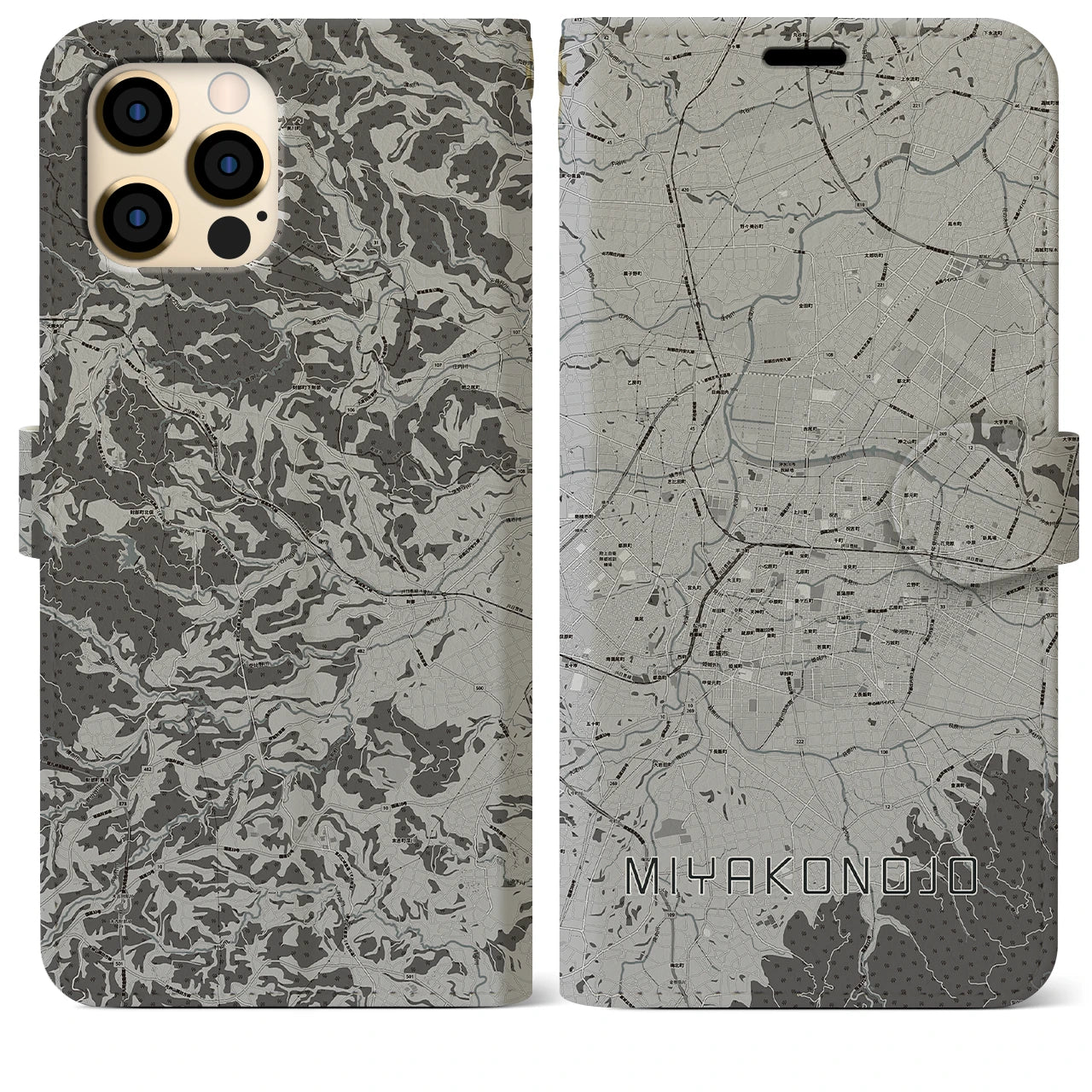 【都城(宮崎県)】地図柄iPhoneケース(手帳タイプ)モノトーン・iPhone 12 Pro Max 用