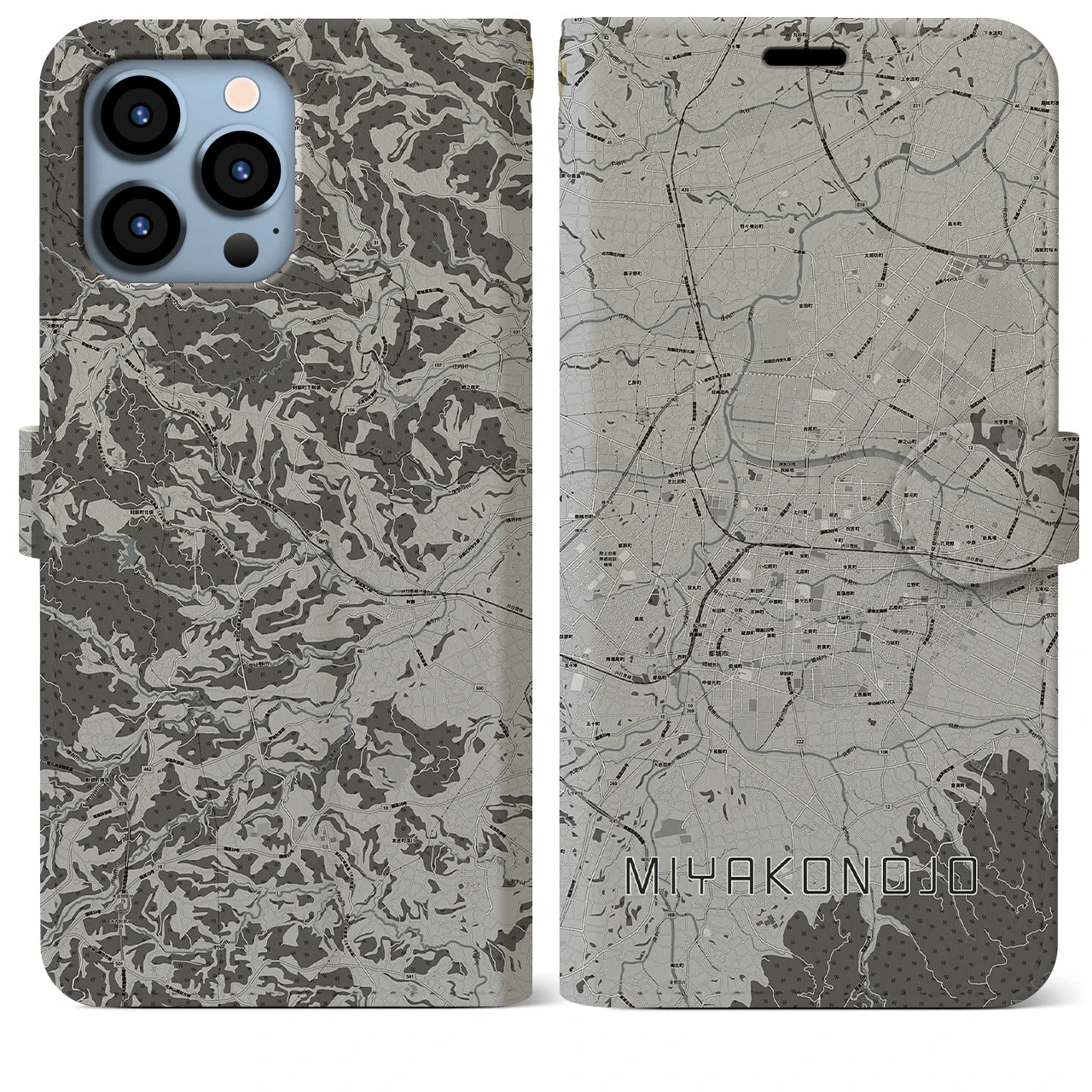 【都城(宮崎県)】地図柄iPhoneケース(手帳タイプ)モノトーン・iPhone 13 Pro Max 用