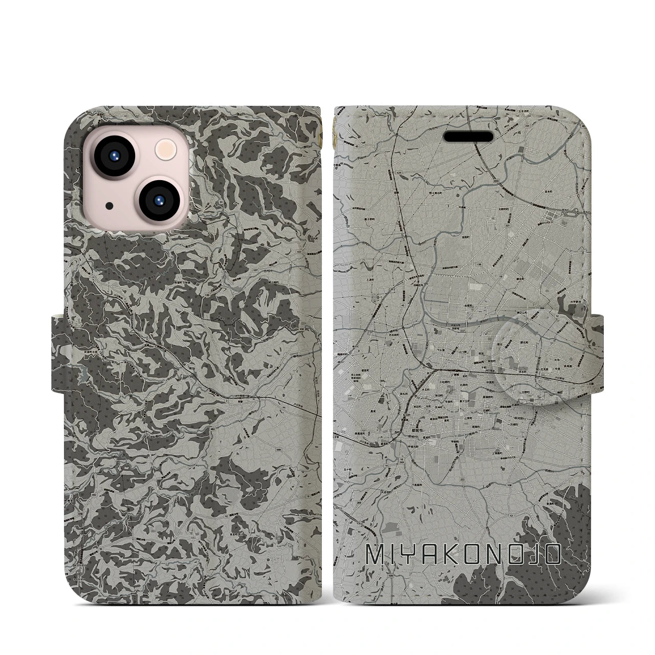 【都城(宮崎県)】地図柄iPhoneケース(手帳タイプ)モノトーン・iPhone 13 mini 用