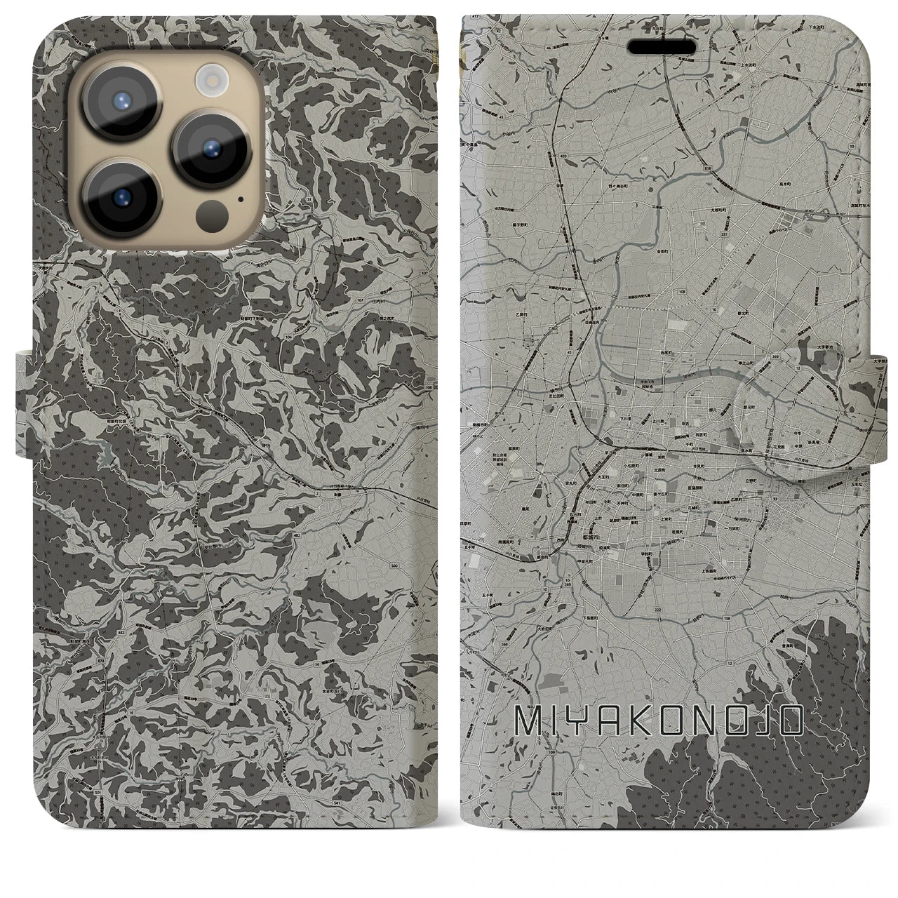 【都城(宮崎県)】地図柄iPhoneケース(手帳タイプ)モノトーン・iPhone 14 Pro Max 用