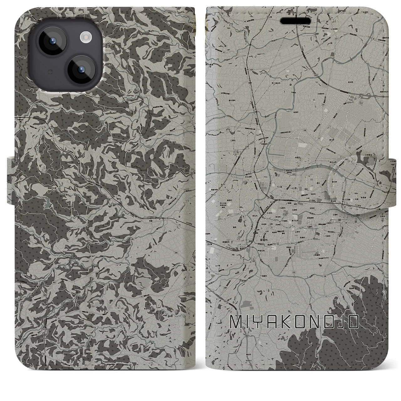 【都城(宮崎県)】地図柄iPhoneケース(手帳タイプ)モノトーン・iPhone 14 Plus 用