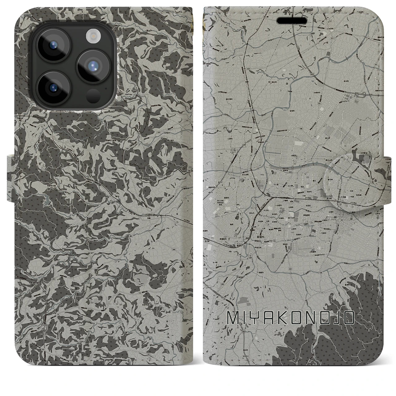 【都城(宮崎県)】地図柄iPhoneケース(手帳タイプ)モノトーン・iPhone 15 Pro Max 用