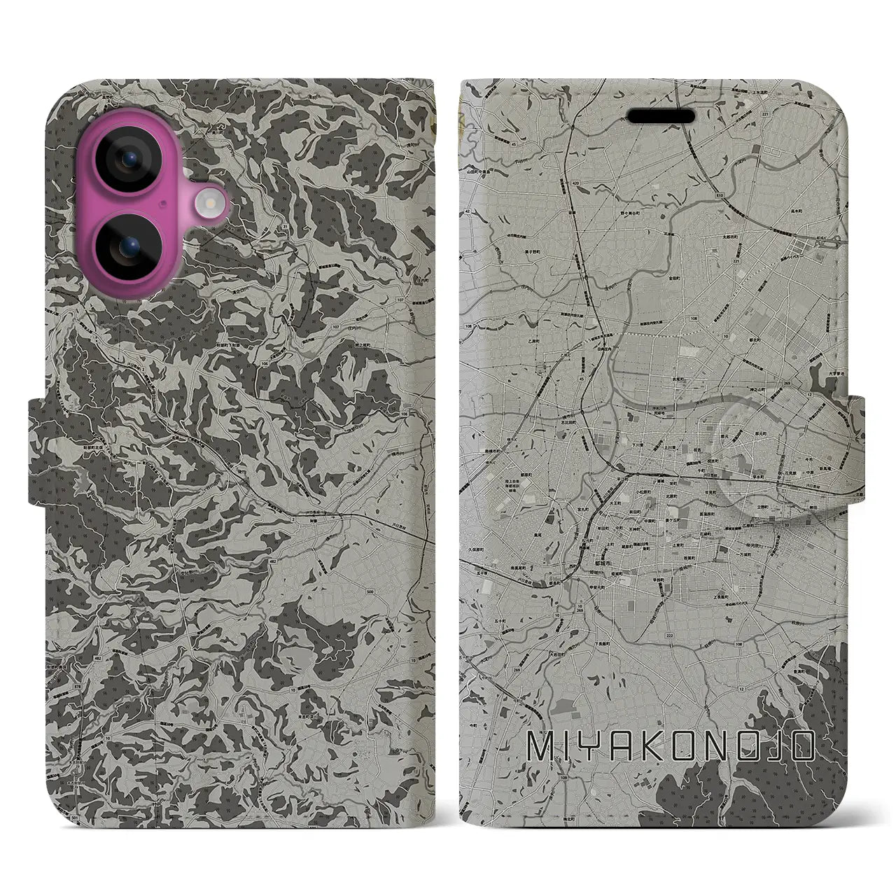 【都城(宮崎県)】地図柄iPhoneケース(手帳タイプ)モノトーン・iPhone 16 Pro 用