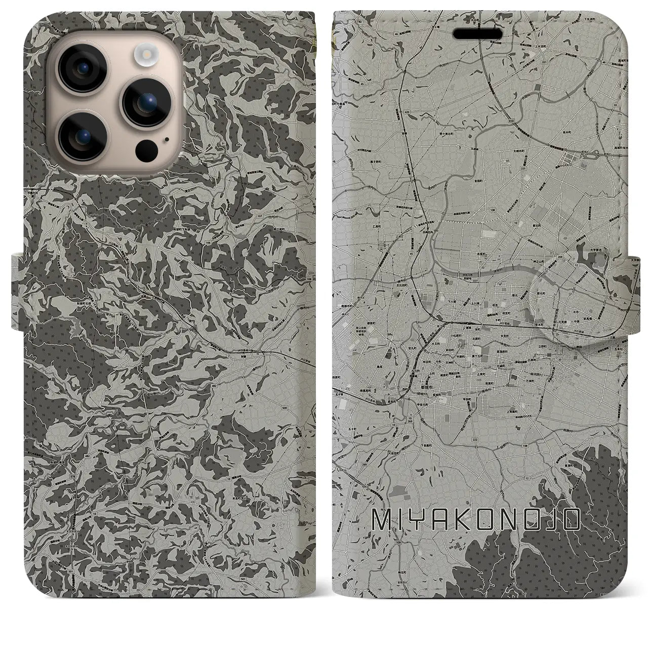 【都城(宮崎県)】地図柄iPhoneケース(手帳タイプ)モノトーン・iPhone 16 Plus 用