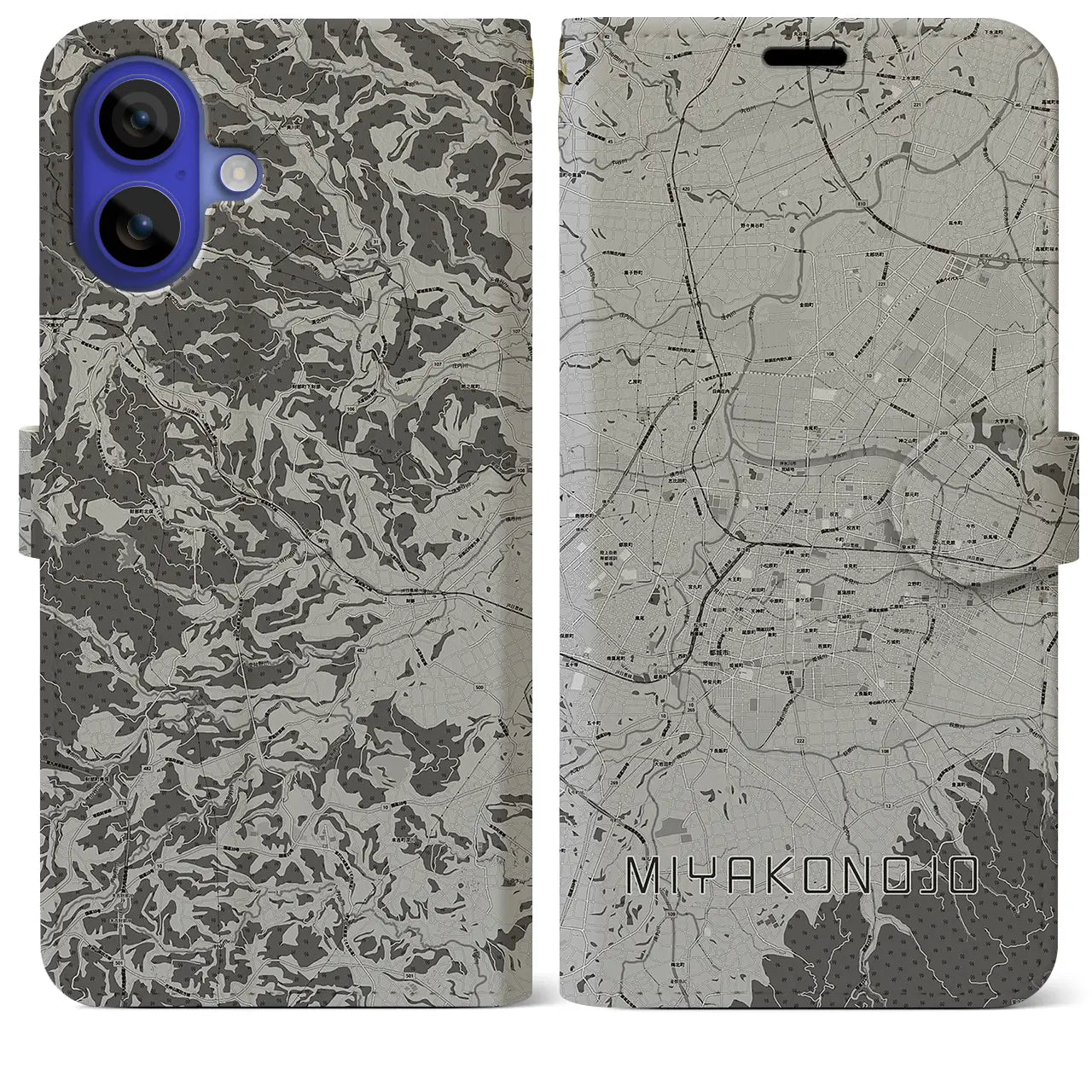 【都城(宮崎県)】地図柄iPhoneケース(手帳タイプ)モノトーン・iPhone 16 Pro Max 用
