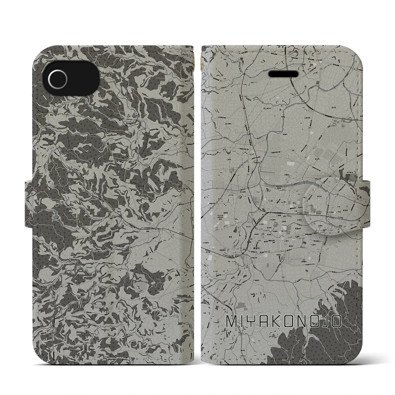 【都城(宮崎県)】地図柄iPhoneケース(手帳タイプ)モノトーン・iPhone SE(第3 / 第2世代) / 8 / 7 / 6s / 6 用