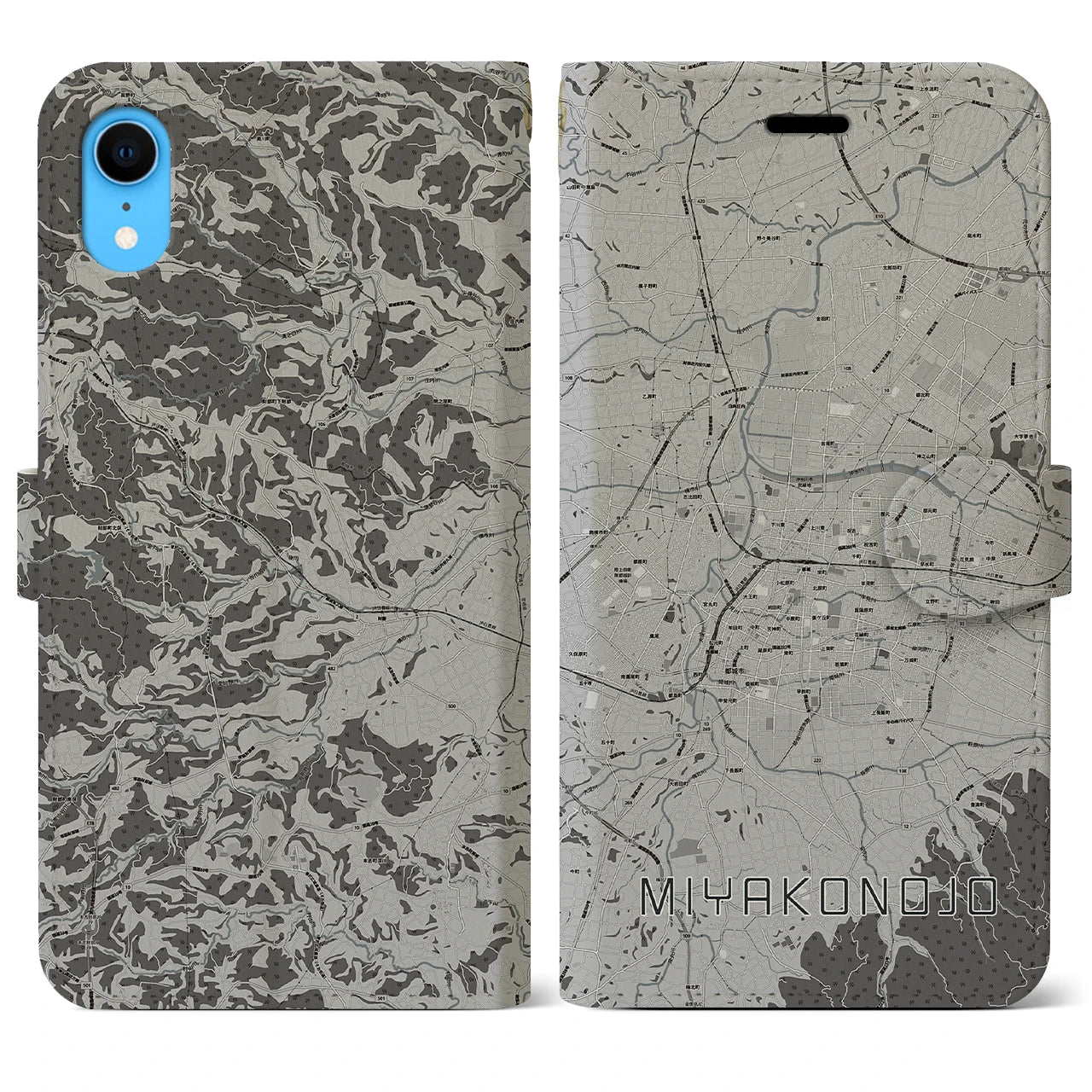 【都城(宮崎県)】地図柄iPhoneケース(手帳タイプ)モノトーン・iPhone XR 用