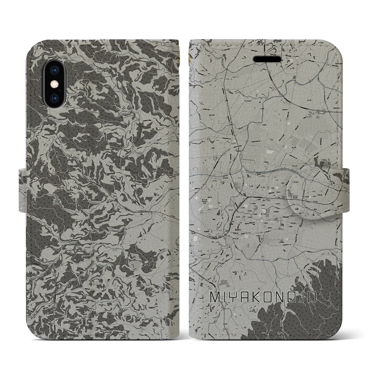 【都城(宮崎県)】地図柄iPhoneケース(手帳タイプ)モノトーン・iPhone XS / X 用